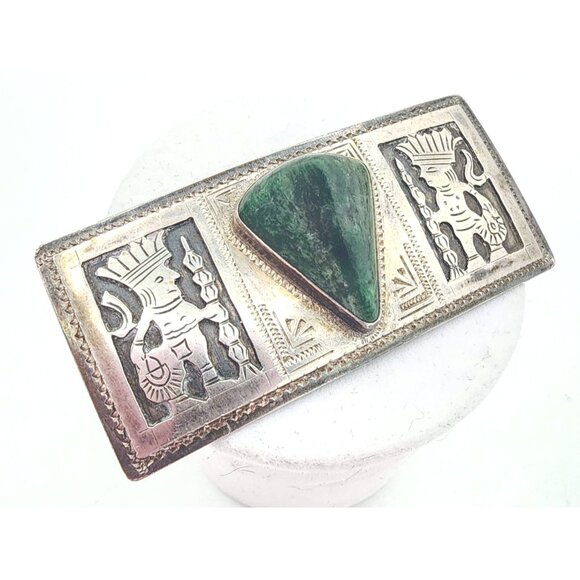 Vintage Sterling Silver Aztec Brooch With Trillion Green Onyx Inlay VERY RARE - Picture 1 of 9